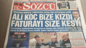 Sözcü Grubu, Fenerbahçe Başkanı Ali Koç'un baklava yerken görüntüsünü haber yapmaları nedeniyle Koç Grubu'nun gazete ve TV'ye reklam ambargosu başlattığını öne sürdü